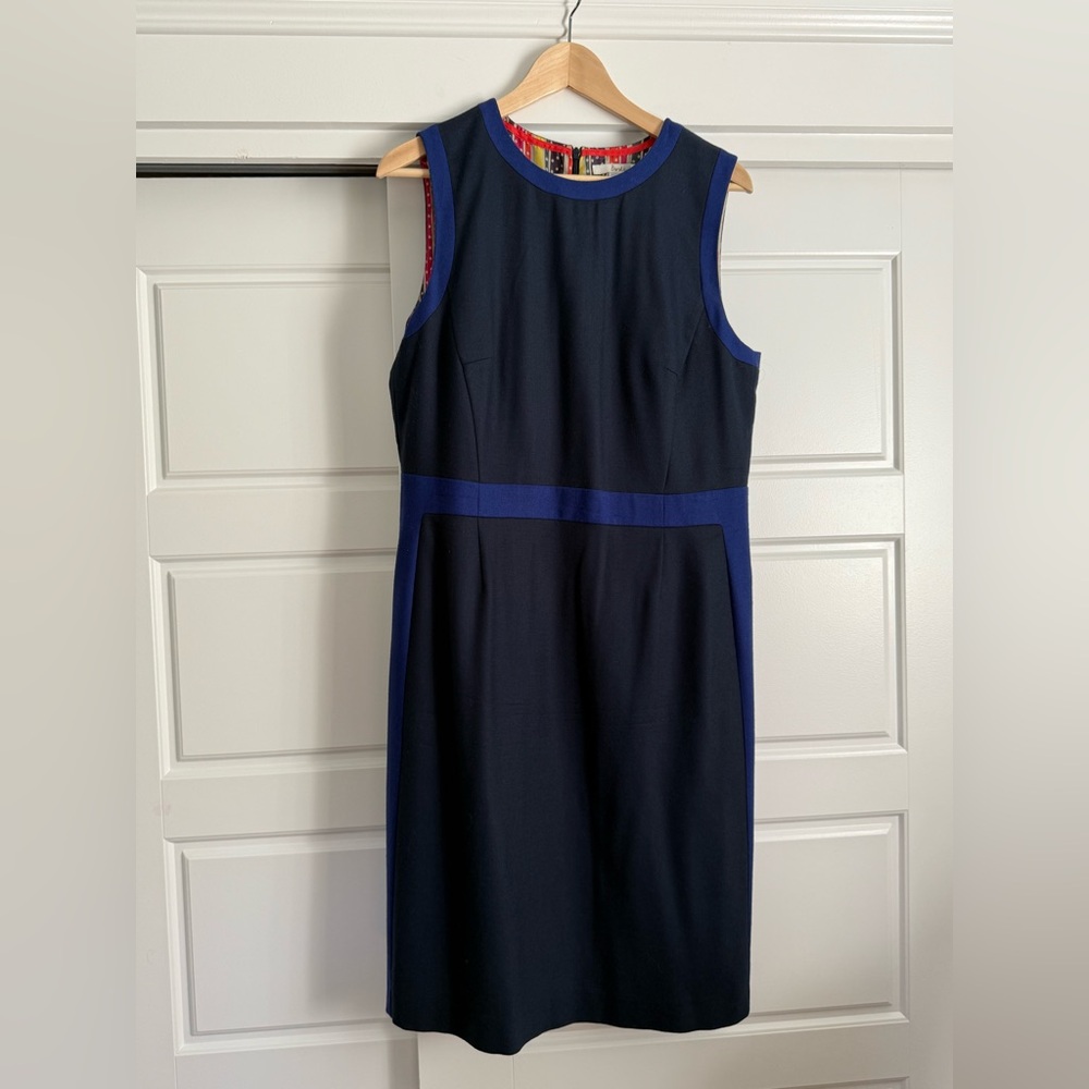 Boden 12L Sleeveless Wool Sheath in Navy w/ cornflower blue trim, lined.